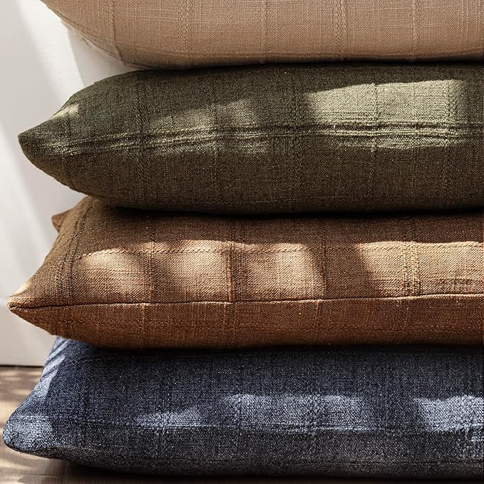 Foindtower Set of 2 Decorative Linen Check Throw Pillow Covers Neutral Farmhouse Vintage Cushion Covers Modern Boho Home Decor for Sofa Chair Couch Bedroom Living Room Outdoor,18×18 Inch,Navy Blue