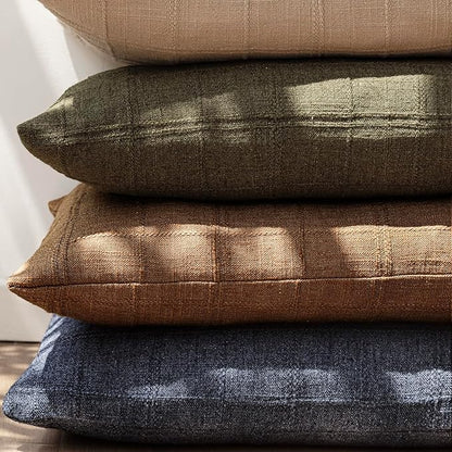 Foindtower Set of 2 Decorative Linen Check Throw Pillow Covers Neutral Farmhouse Vintage Cushion Covers Modern Boho Home Decor for Sofa Chair Couch Bedroom Living Room Outdoor,18×18 Inch,Navy Blue