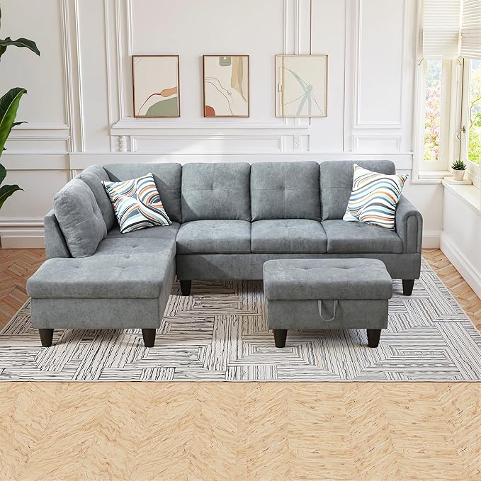 Osparple L Shaped Couch Sectional Couches for Living Room Upholstered Fluffy Fabric 3 Pieces Modular Sectional Sofa with Chaise, Ottoman with Storage for Living Room and Small Apartment, Dark Grey