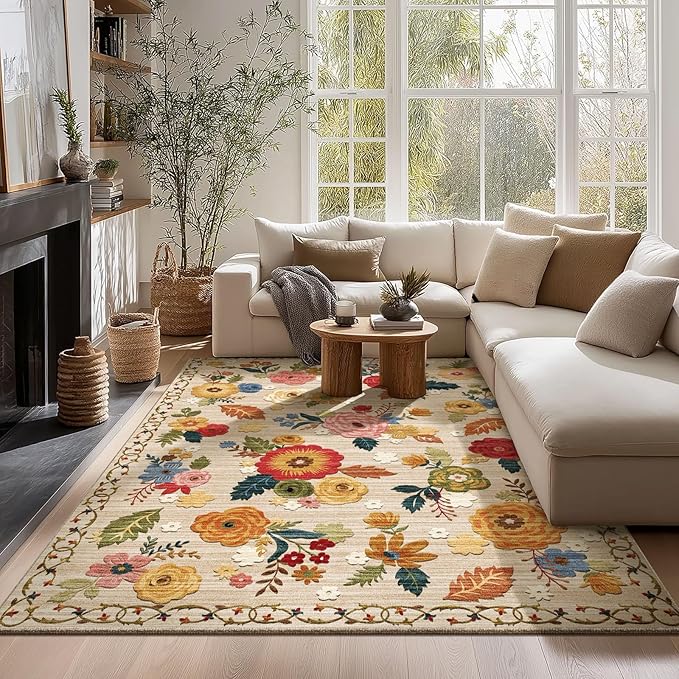 Machine Washable Area Rugs for Bedroom: 5'x7' Living Room Rug Floral Vintage Large Rug Stain Resistant Non Slip Low Pile Faux Wool Soft Rugs for Dining Room Bedside Kitchen Entryway Nursery Office