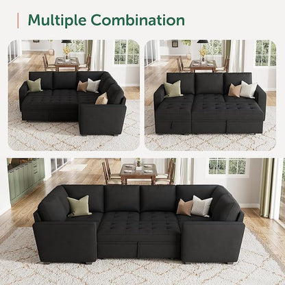 HONBAY Modular Sectional Sleeper Sofa with Pull Out Bed, Pull Out Bed for Sectional Couch, Black