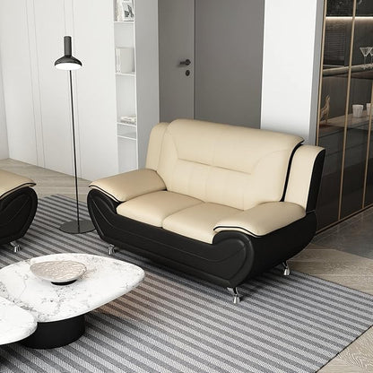 Container Furniture Direct Michael Modern Faux Leather Upholstered Stainless Steel Legs Living Room Sofa, Loveseat, Camel/Black