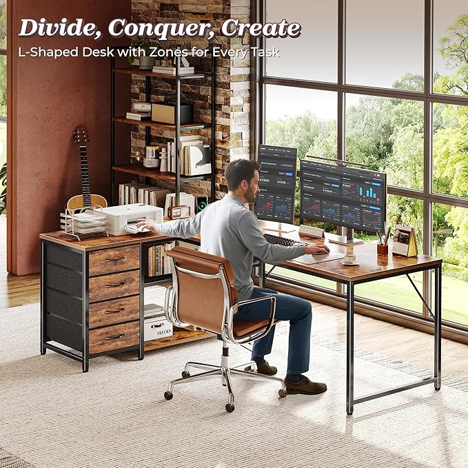 PRAISUN 61" L Shaped Desk with Power Outlets and USB-C Port, Reversible Computer Corner Office Desk with 4 Fabric Drawers and 2 Height-Adjustable Shelves, Large for Gaming Writing Study, Rustic Brown