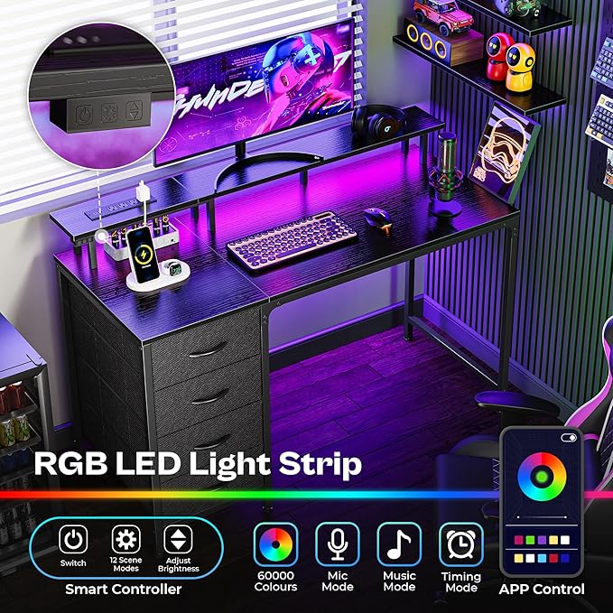 Huuger 47 Inch Computer Desk with Power Outlets and LED Lights, Gaming Desk with 4 Drawers, Office Desk with Monitor Stand, Study Work Home Office, Small Spaces, Black
