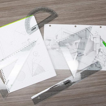 BAZIC Products Math Geometry Set 4 Pieces, Protractor, 12" Ruler, 2 Triangle Rulers, Plastic Clear Measuring Sets for Students School Supplies, 1-Pack