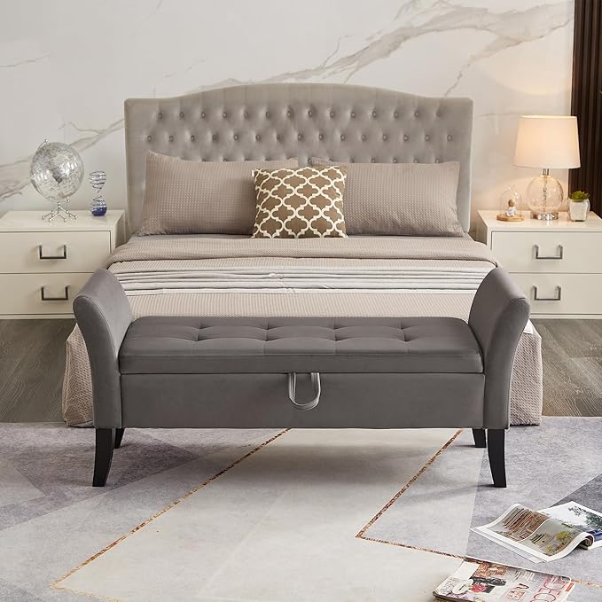 Furniliving 51” Bedroom Bench, End of Bed Bench with Button-Tufted Large Upholstered Storage Bench Ottoman Velvet Window Bench with Storage Shoe Cabinet Bench, for Bedroom, Entryway, Closet, Grey