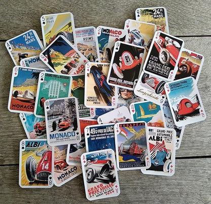 CAR Racing Playing Cards (Poker Deck 54 Cards All Different) Vintage Retro Car Racing Travel Posters