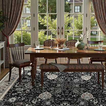 Blcak 8x10 Vintage Rugs for Living Room, Washable Rugs Non Slip Large Area Rug for Bedroom Dining Room Office, Floor Decoration Big Rug Carpet Low-Pile Kid & Pet Friendly(Blcak Navy Multi