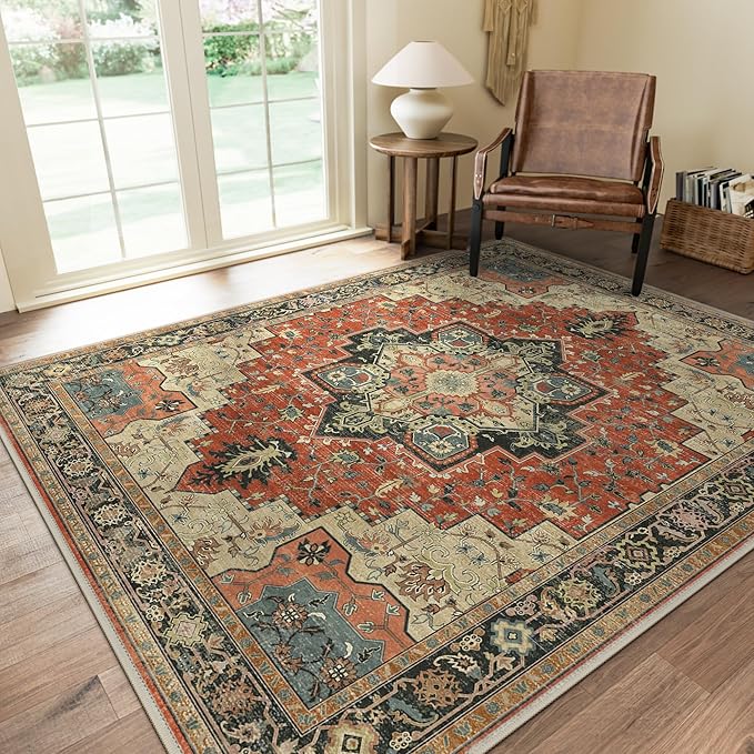 GENIMO 8x10 Area Rugs for Living Room, Machine Washable Non Slip Vintage Rugs, Low Pile Lightweight Chenille Print Rug for Bedroom, Dining Room, Home Office,Desert Ember