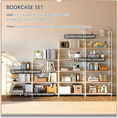 4NM No Assembly Folding Bookshelf 6 Tiers Vintage Industrial White Book Shelf Metal Foldable Storage Bookcase and Bookshelves for Living Room,Bedroom and Kitchen - Natural