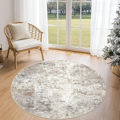 4ft Round Area Rug Living Room Rugs - 4x4 Washable Neutral Modern Abstract Soft Thin Rug Indoor Floor No Slip Rug Carpet for Bedroom Under Dining Table Home Office Decor - Brown Grey