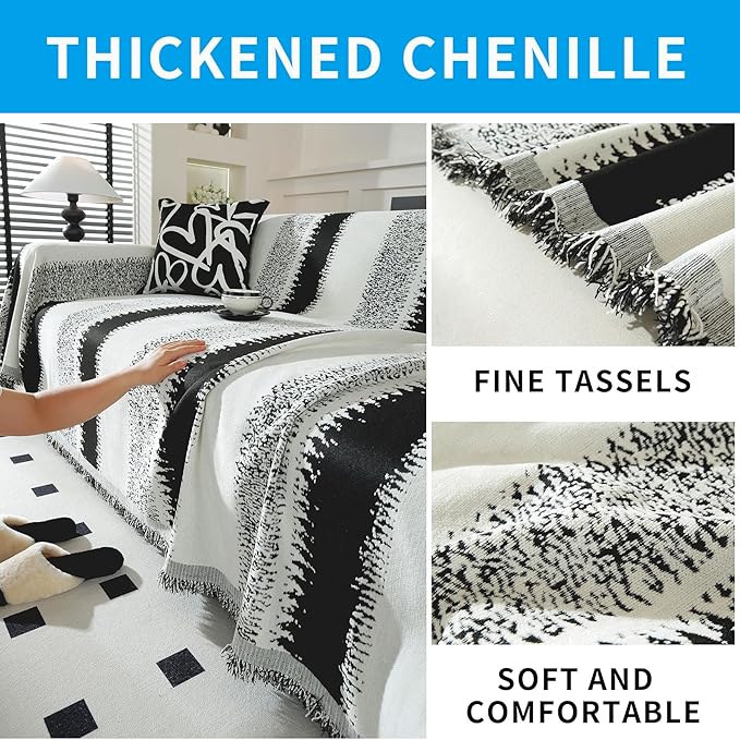 LUFEIJIASHI Boho Couch Covers for Sofa Non Slip Sofa Covers Washable Couch Covers for 3 Cushion Couch Sofa Pet Friendly Sectional Couch Cover Blanket Furniture Protector for Dogs (Black, 91"x118")