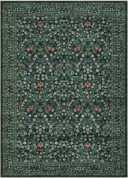 GarveeHome Washable Rug for Living Room, 8x10 Large Area Rug for Dining Room Under Table, Bedroom, Floral Soft Low Pile Non Slip Stain Resistant Carpet for Nursery, Playroom, Office, Dark Green