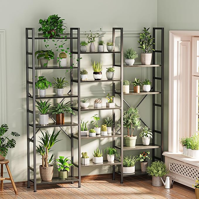SUPERJARE Triple 6 Tier Bookshelf, Bookcase with 17 Open Display Shelves, Wide Book Shelf Book Case for Home & Office, Grey