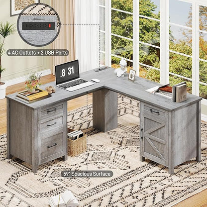 59” L Shaped Executive Desk with Power Outlets, Farmhouse Home Office Desk with Flie Drawer,Stroage Cabinet, Wood Corner Sturdy Writing Workstation.(Gray.
