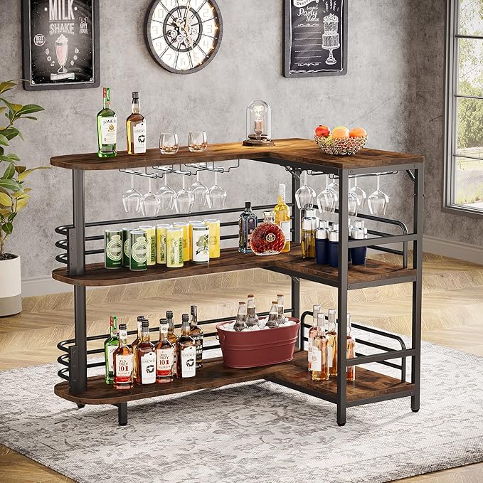 Tribesigns L-Shaped Home Bar Unit, 3 Tier Liquor Table With Storage Shelves and Wine Glasses Holder, Industrial Corner Wine Cabinet Mini Bar for Home Kitchen Pub, Rustic Brown