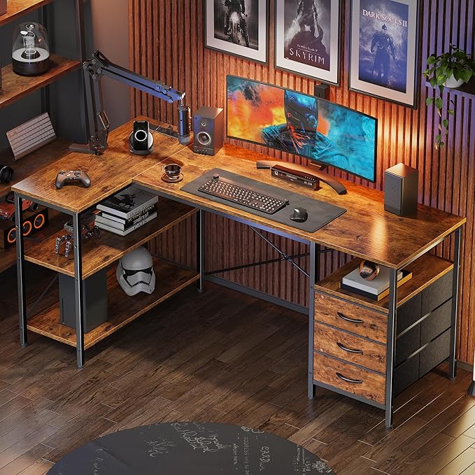 Huuger L Shaped Office Desk with Power Outlets, 55 Inch Computer Desk with 3 Drawers, Shelves, Reverisble for Gaming Corner Work Home Office Study, Rustic Brown