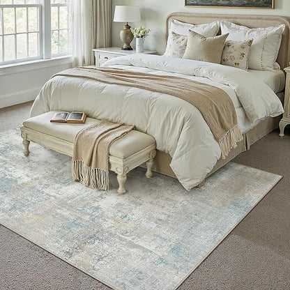 6x9 Washable Area Rug Blue Cream Modern Neutral Abstract Living Room Bedroom Indoor Floor Carpet Low Pile Soft Non-Slip Lightweight Vacuumable Throw Rug for Nursery Dining Room Office