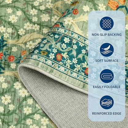 GarveeHome Floral Area Rugs 5x7, Sage Green Washable Rug for Living Room, Bedroom, Low Pile Non Slip Stain Resistance Indoor Boho Carpet Mat for Farmhouse, Dining Room, Office