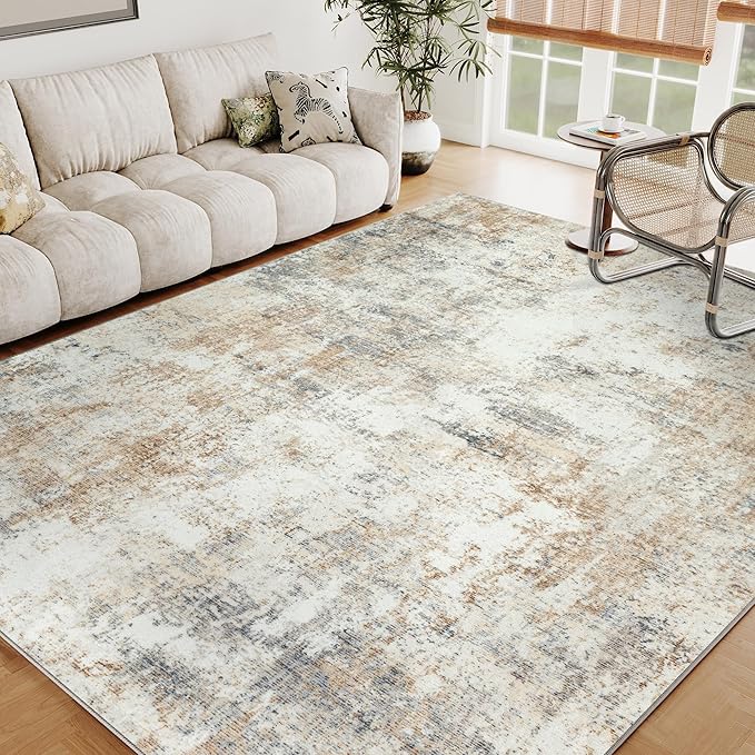 10x12 Washable Area Rug Gold Grey Neutral Abstract Living Room Bedroom Large Throw Rug Non Slip Soft Low Pile Indoor Floor Carpet for Dining Room Kitchen Office Entryway