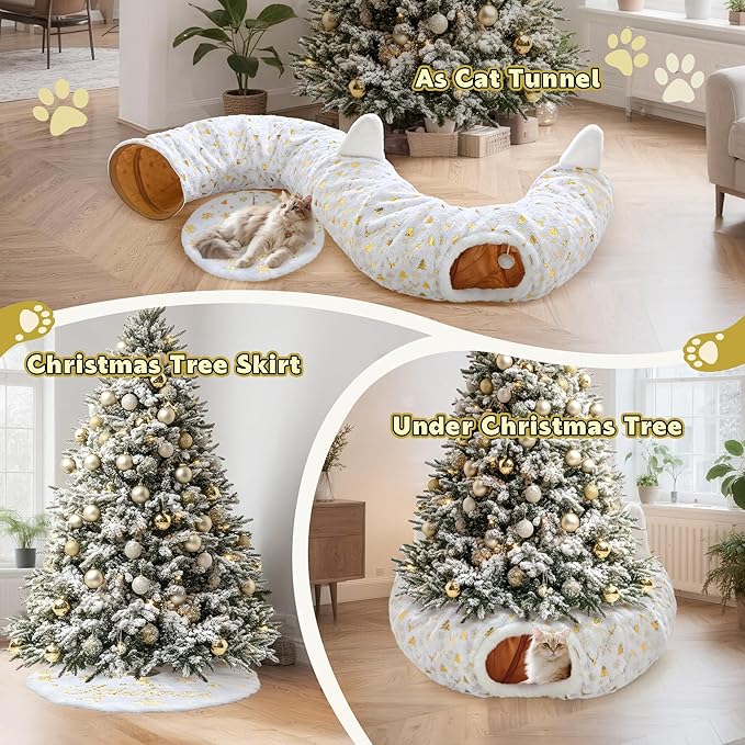 Cat Tunnel Christmas Tree Skirt, Cat Tunnel Bed with Hanging Toy Ball, Foldable Plush Cats Cave Donut Tunnel Christmas Decorations, Kitty Tunnel for Indoor Kitten Rabbit Puppy, White Gilded