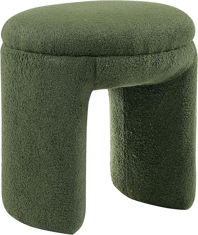 Furniture of America Rami Modern 18-inch Solid Wood Upholstered Ottoman with Pedestal Base, Vanity Stool Chair, Small Foot Stool for Bedroom, Living Room, Entryway, Green