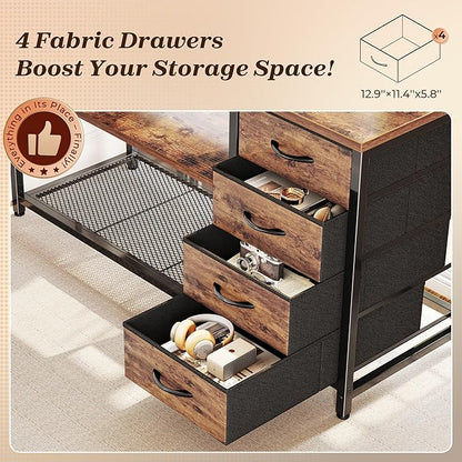 PRAISUN 61" L Shaped Desk with Power Outlets and USB-C Port, Reversible Computer Corner Office Desk with 4 Fabric Drawers and 2 Height-Adjustable Shelves, Large for Gaming Writing Study, Rustic Brown