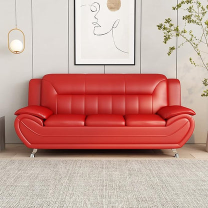 Container Furniture Direct Michael Modern Faux Leather Upholstered Stainless Steel Legs Living Room Sofa, Loveseat, Red