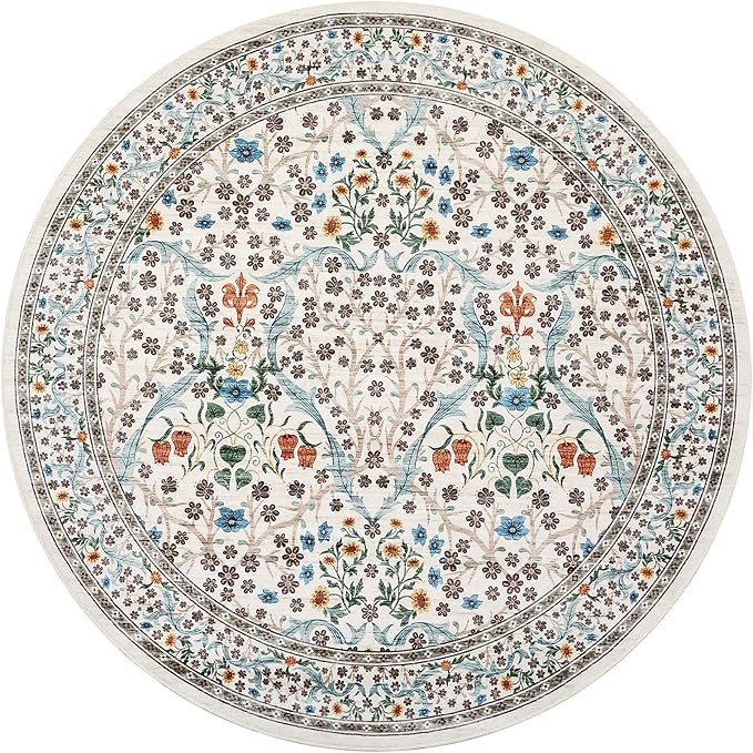GarveeHome Beige Ivory Floral 4 ft Round Rug Washable Non-Slip Soft Low Pile Small Circle Carpet Vintage Rugs for Kitchen Bedroom Nursery Dining Living Room
