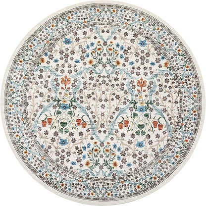 GarveeHome Beige Ivory Floral 4 ft Round Rug Washable Non-Slip Soft Low Pile Small Circle Carpet Vintage Rugs for Kitchen Bedroom Nursery Dining Living Room