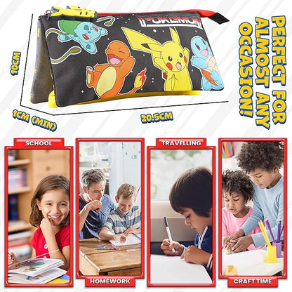 Pokemon Pencil Case for Boys and Girls Stationery Three Compartments Pencil Pouch School Supplies Stationary Pikachu Anime Gifts for Kids