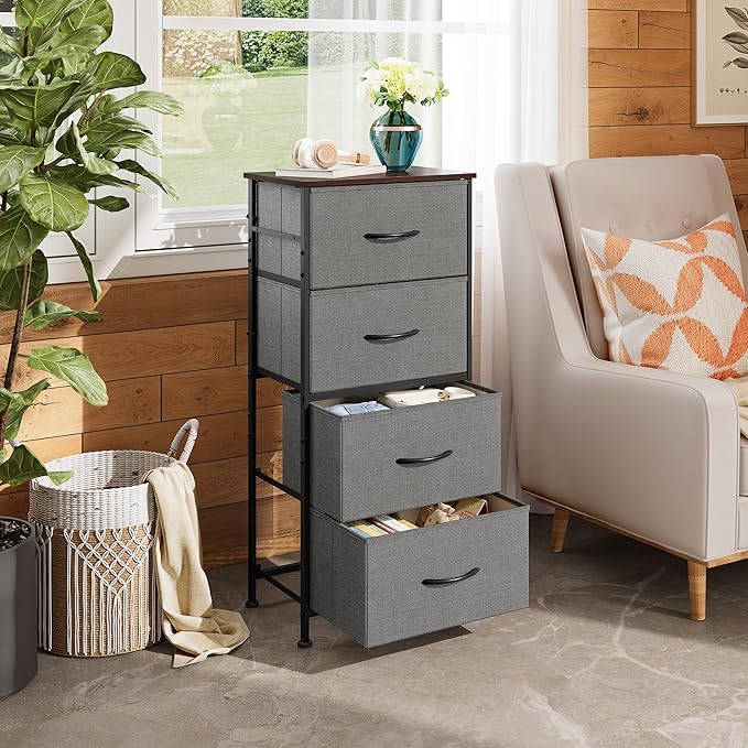 WLIVE Dresser with 4 Drawers, Storage Tower, Organizer Unit, Fabric Dresser for Bedroom, Hallway, Entryway, Closets, Sturdy Steel Frame, Wood Top, Easy Pull Handle, Dark Grey