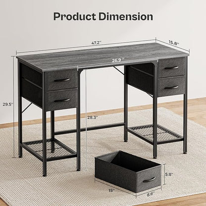 Huuger 47 Inch Computer Desk with 4 Drawers, Office Desk with Mesh Shelf, Gaming Desk, Large Storage, Writing Work Desk for Home Office, Study, Bedroom, Work from Home, Grey