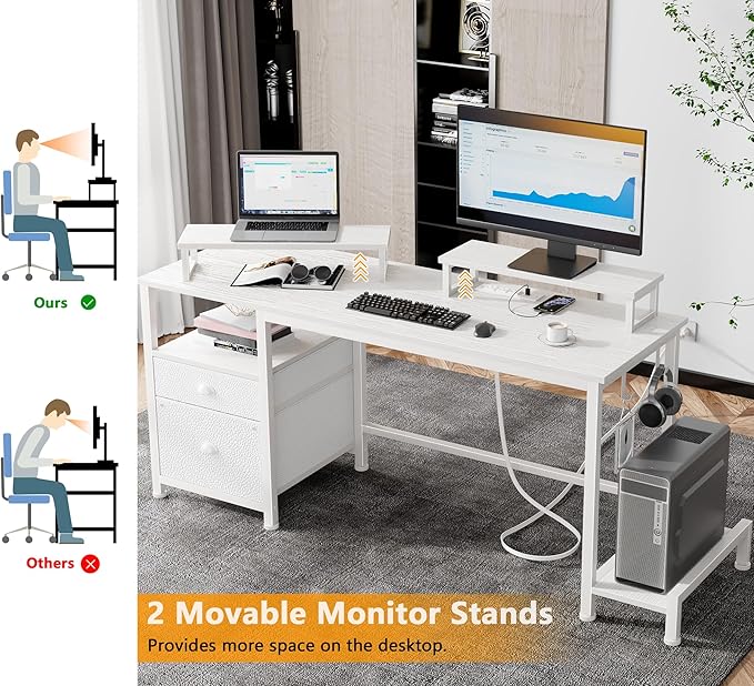 Furologee 55" Computer Desk with File Cabinet and Power Outlets, Home Office Desk with 2 Monitor Stands and Storage Drawer, Writing Gaming Table with Shelves and 2 Hooks for Bedroom, White