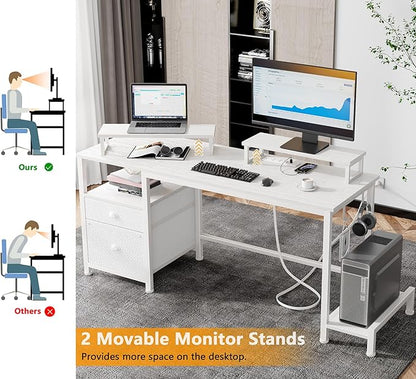 Furologee 55" Computer Desk with File Cabinet and Power Outlets, Home Office Desk with 2 Monitor Stands and Storage Drawer, Writing Gaming Table with Shelves and 2 Hooks for Bedroom, White