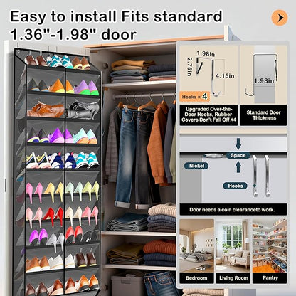 10-Tier Over the Door Shoe Organizer, 20 Pockets Holds 20-30 Pairs, Heavy-Duty Oxford Fabric with Hexagon Mesh for Boots & Sneakers-Dark Gray