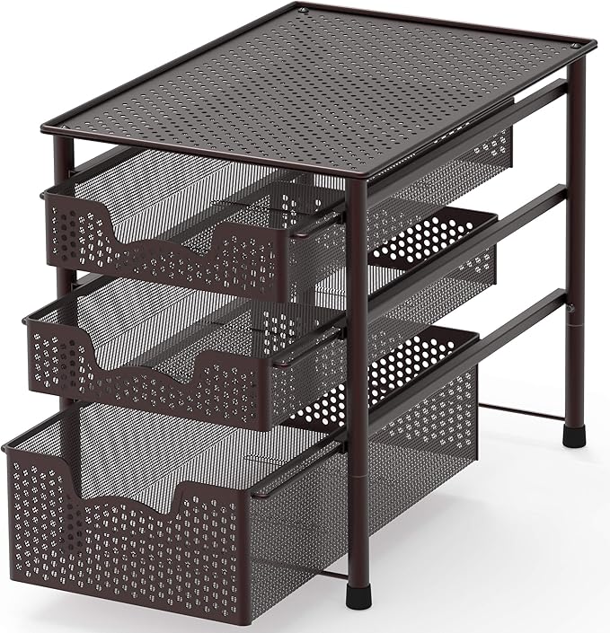Simple Houseware Stackable 3 Tier Sliding Basket Organizer Drawer, Bronze