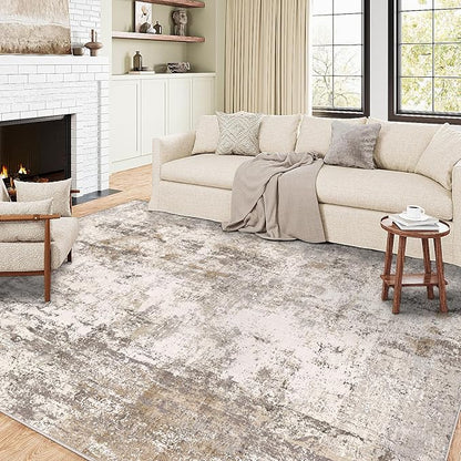 9x12 Washable Area Rug Brown Grey Neutral Abstract Living Room Bedroom Large Throw Rug Non Slip Soft Low Pile Indoor Floor Carpet for Dining Room Kitchen Office Entryway
