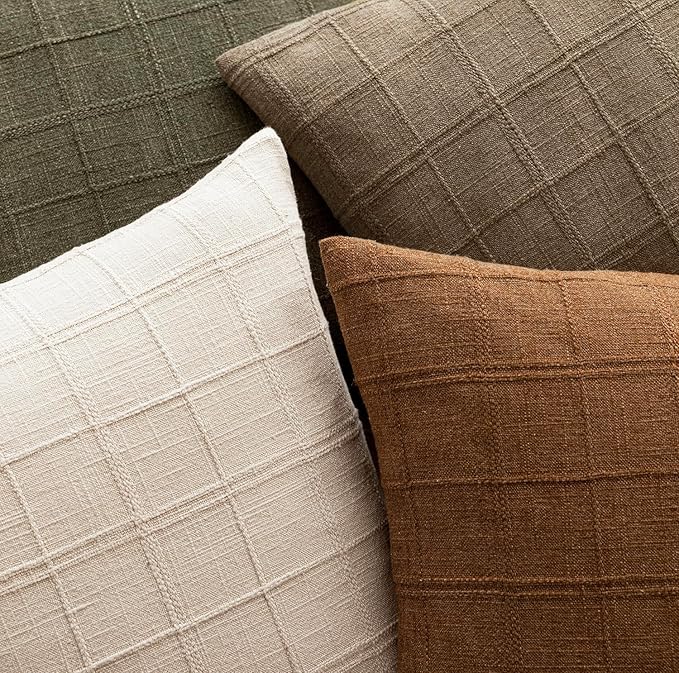 Foindtower Set of 2 Decorative Linen Check Throw Pillow Covers Neutral Farmhouse Vintage Cushion Covers Modern Boho Home Decor for Sofa Chair Couch Bedroom Living Room Outdoor,24×24 Inch,Light Brown