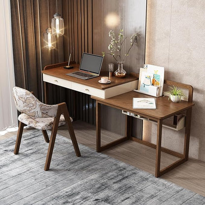 Lartis Extendable to 70" Solid Wood Desk, Storage Study Table with Side Unit, Multifunctional Workbench, Modern Office and Study Computer Desk