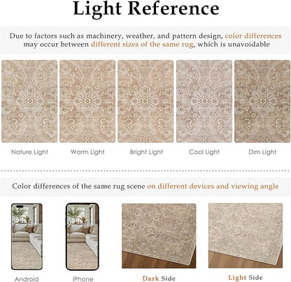 Brown 6x9 Area Rug Washable Vintage Living Room Carpet Bedroom Large Indoor Non Slip Soft Low Pile Thin Stain Resistant Distressed Accent Throw Rug for Dining Office Nursery
