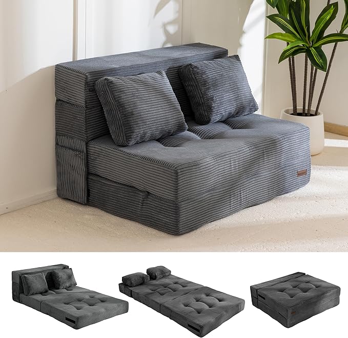 MAXYOYO Convertible Sofa Bed, Fold Out Loveseat Sleeper Sofa with Pillow, 4 in 1 Tufted Folding Couch Bed Foam Floor Couch, Lazy Chair for Living Room Bedroom Guest Room, Dark Grey