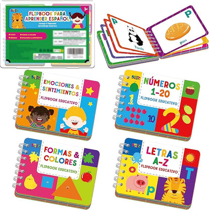 4 Spanish Learning Flipbooks, Double-Sided Printed Mini Book Set, Alphabet A-Z, Number 1-20, Feelings and Emotions, Shapes and Colors Mini Board Books Set, Early Educational Tool for Kids