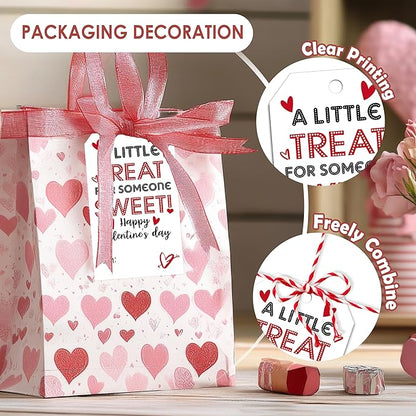 50Pcs Valentines Day Gift Sticker Tags - 3.5 x 2.1 in A Little Treat Happy Valentine Tags with String, Gift Label Idea Valentines Activity School Classroom Party Favors