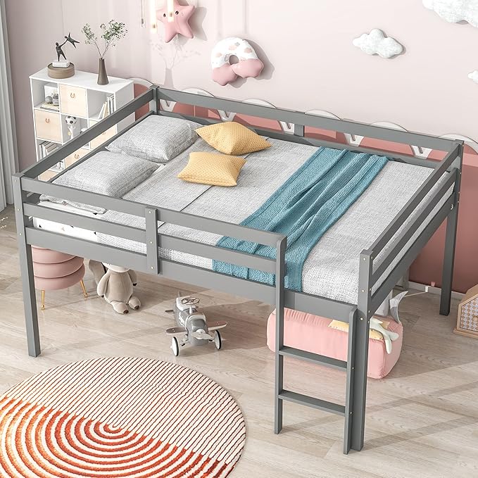 HomSof Full Loft Bed with Guard Rail & Ladder,No Box Spring Needed,Easy Assembly,Grey