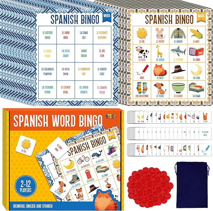 Spanish Bingo Game, 12 Vocabulary Bingo Board Game Bilingual Word Learning Educational Toys for Words Learning - Ages 5 and up (Up to 12 Players)