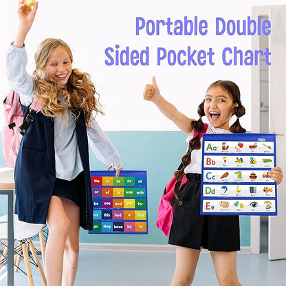 Desktop Pocket Chart, 120 Dry-Erase Double Sided Cards Includes 26 Letters with Images and 120 First Words, Self-Standing Tabletop Pocket Chart for Kids Teacher Classroom Home Use (13 X 12inch)