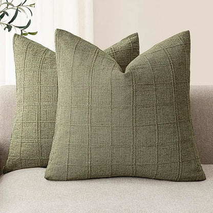 Foindtower Set of 2 Decorative Linen Check Throw Pillow Covers Neutral Farmhouse Vintage Cushion Covers Modern Boho Home Decor for Sofa Chair Couch Bedroom Living Room Outdoor,24×24 Inch,Sage Green
