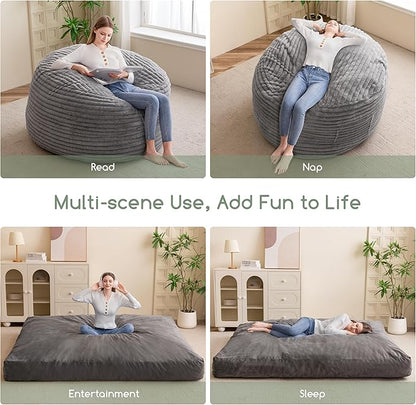 Giant Bean Bag Chair Bed for Adults, Convertible Beanbag Folds from Lazy Chair to Floor Mattress Bed with Machine Washable Cover, Large Floor Sofa Couch with High-Density Foam Filling