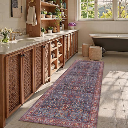 Washable Area Rug 2'6'' x 8' Vintage Traditional Persian Mat - Foldable Distressed Non-Slip Machine Washable Carpet for Living Room Bedroom Kitchen Home Decor - Indigo and Crimson